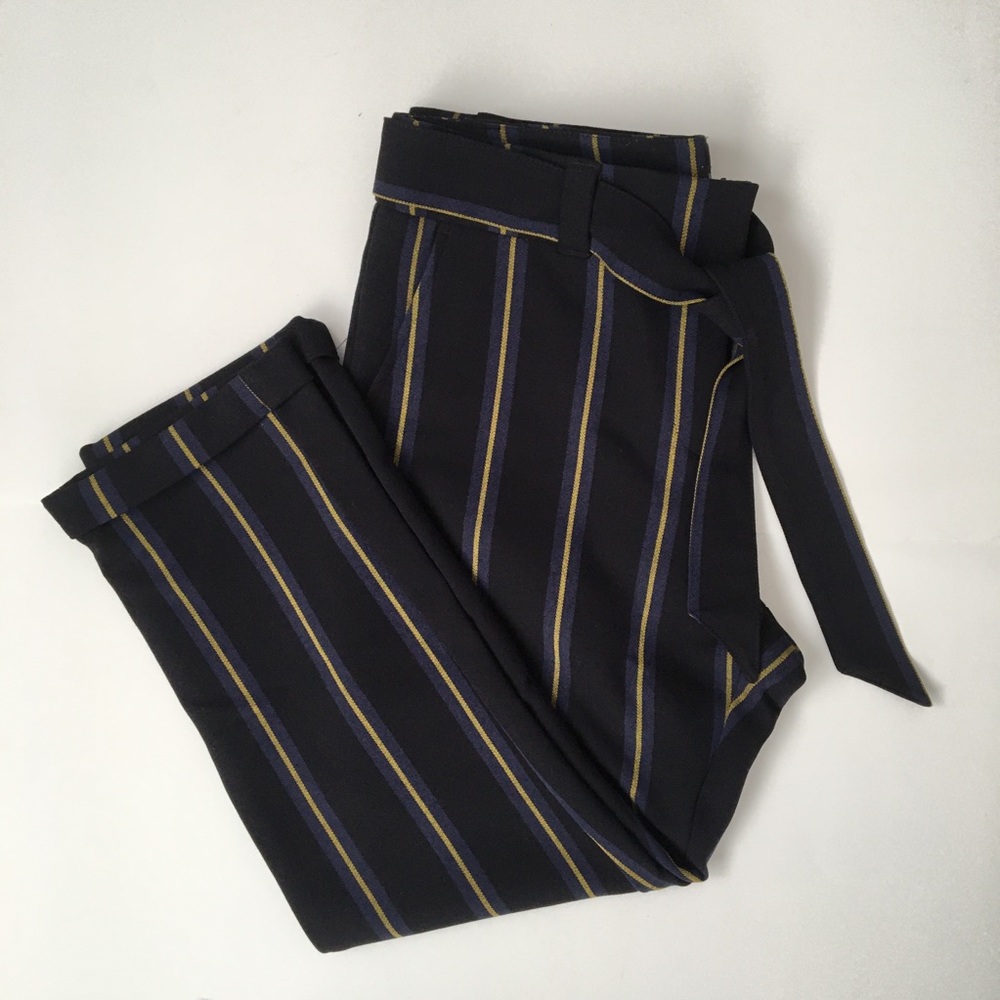 LOFT Black Gold Blue Stripe Tie Waist Straight Leg Crop Pants